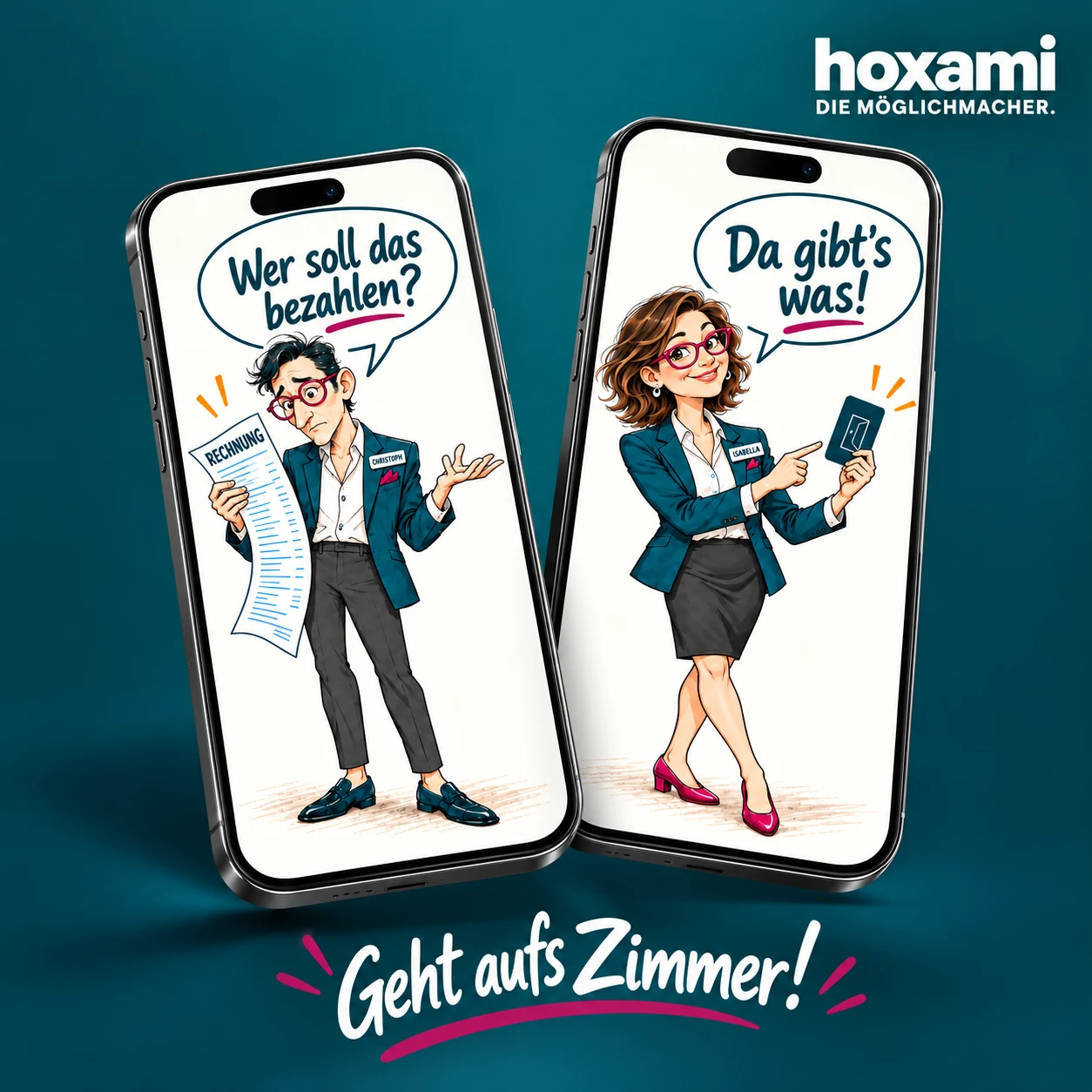 hoxami Cash & Invest: Social-Media-Kampagne mit Christoph und Isabella auf zwei Smartphones