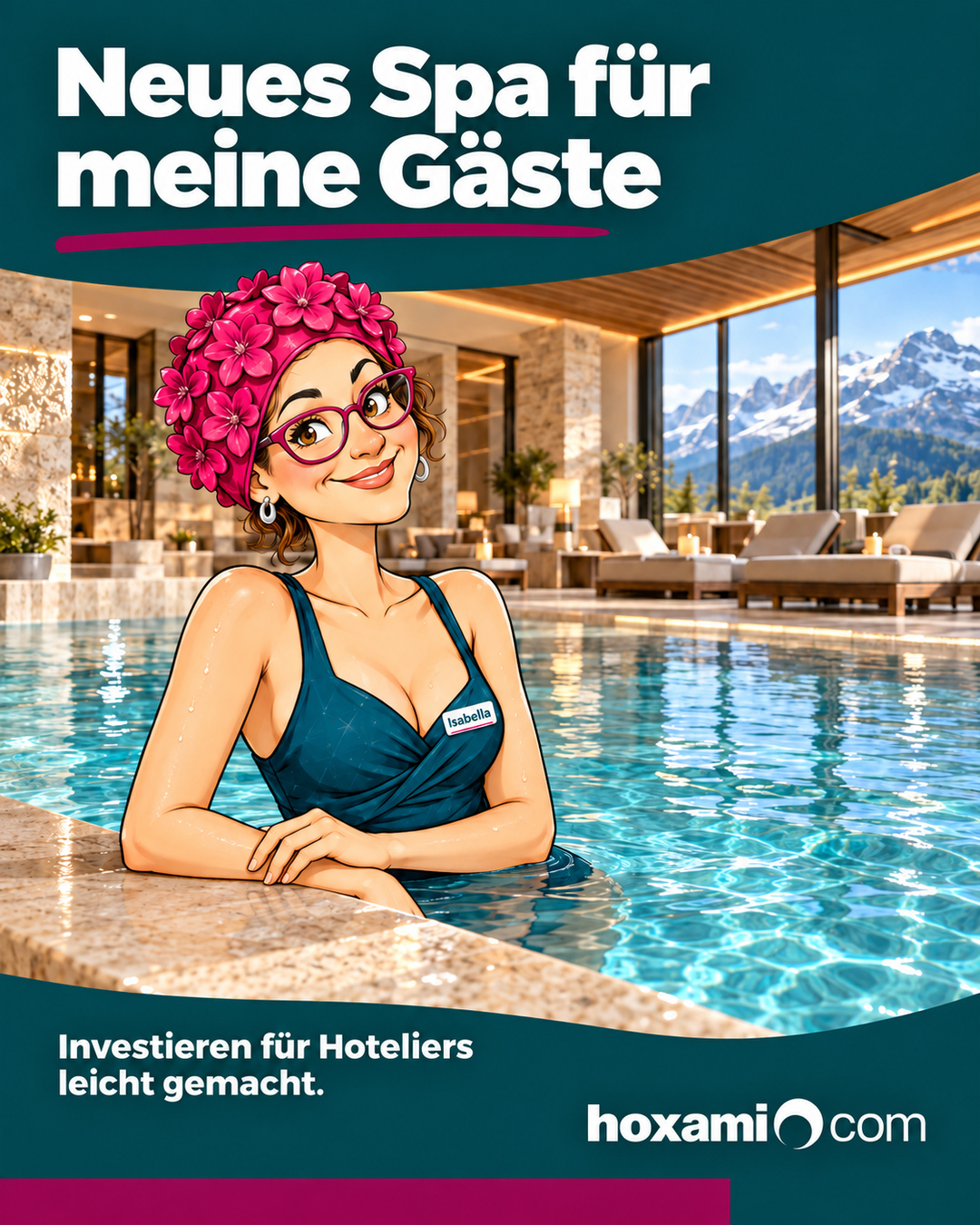 hoxami: Isabella entspannt am Hotelpool mit Bergblick – Neues Spa für meine Gäste.