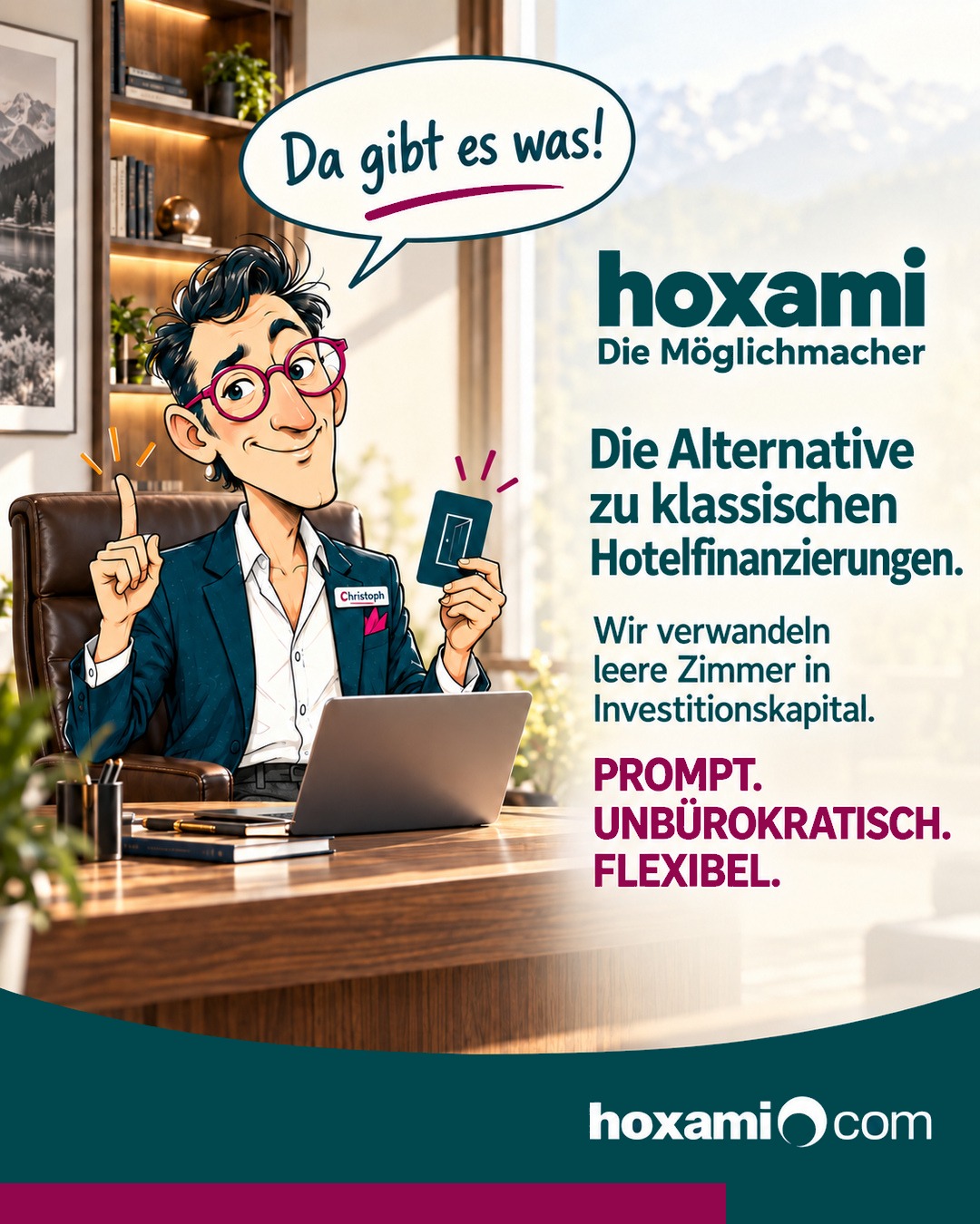 hoxami: Christoph zeigt am Empfang eine Alternative zur klassischen Hotelfinanzierung – Da gibt es was!