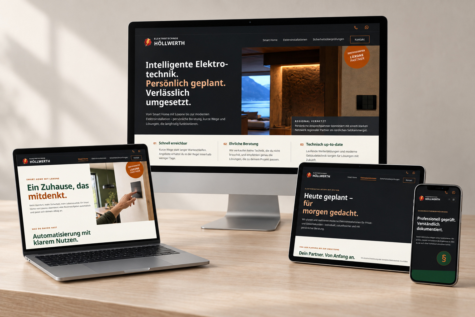 Responsive Website-Mock-up von Elektrotechnik Höllwerth auf Desktop, Laptop, Tablet und Smartphone
