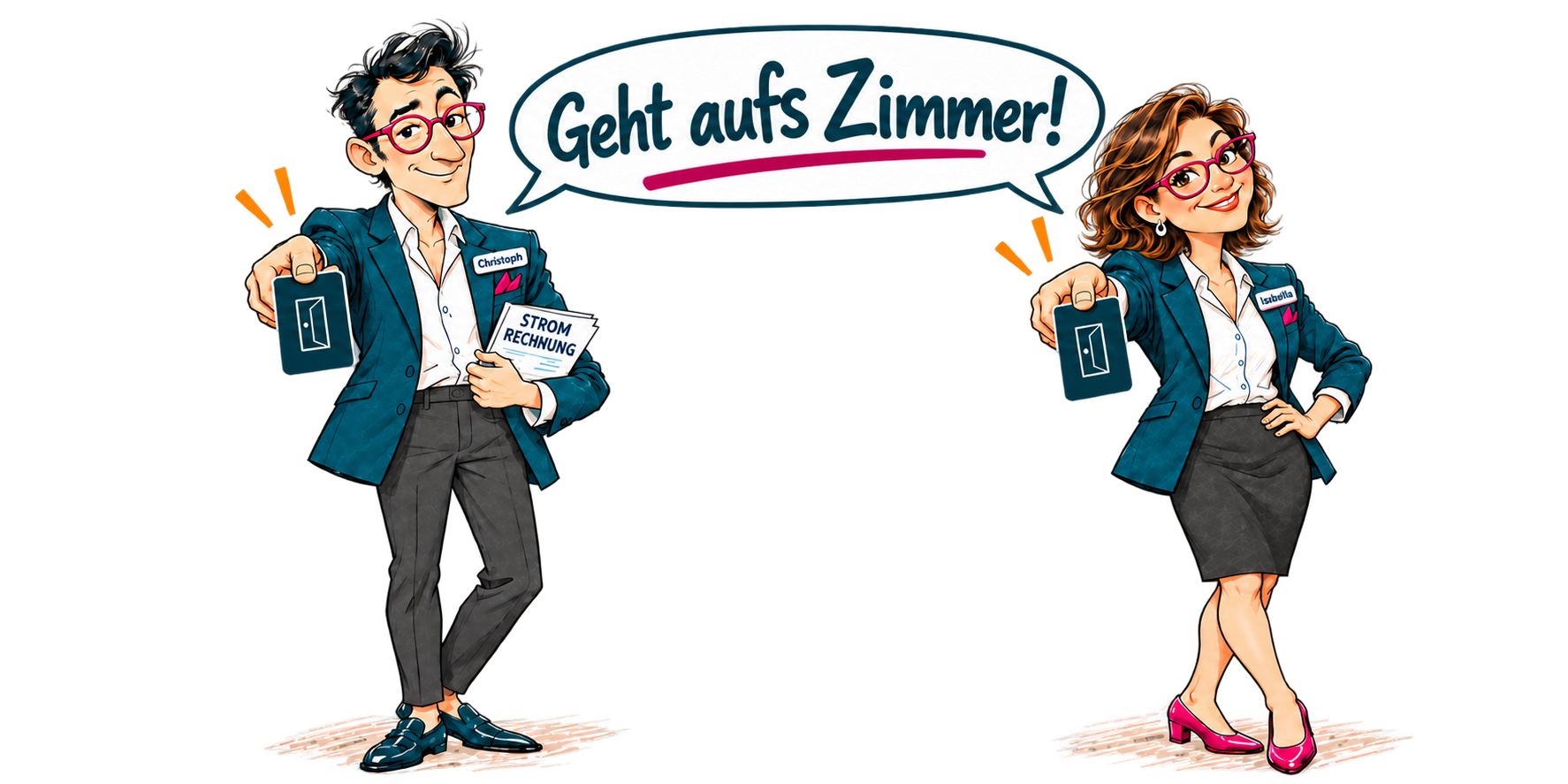 hoxami Kampagne: Christoph und Isabella mit Sprechblase „Geht aufs Zimmer!“