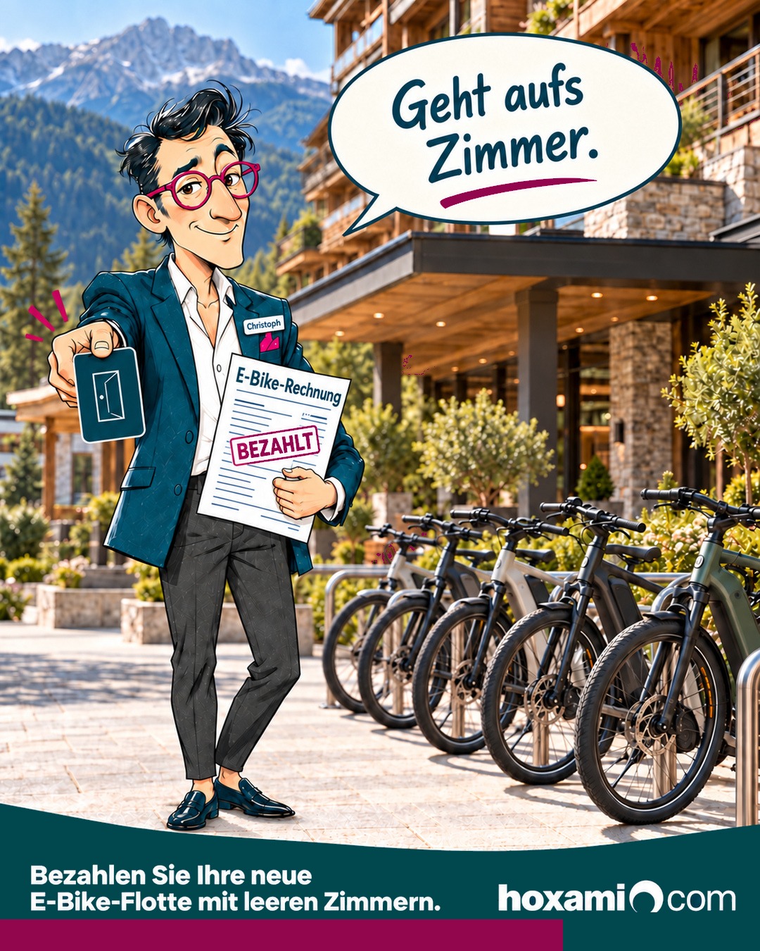 hoxami: Christoph mit bezahlter E-Bike-Rechnung – Geht aufs Zimmer. Neue E-Bikes mit leeren Zimmern bezahlen.