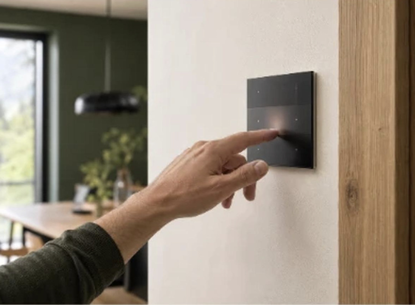 Smart-Home-Taster in einem modernen Wohnraum – Elektrotechnik Höllwerth