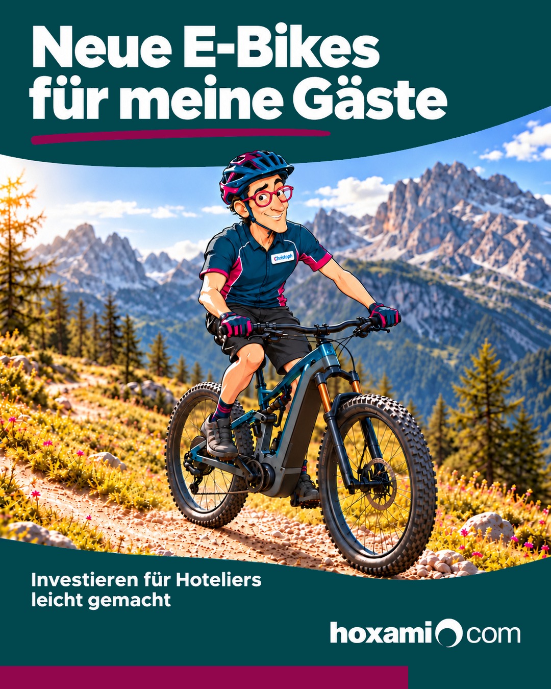 hoxami: Christoph fährt ein E-Bike vor Bergkulisse – Neue E-Bikes für meine Gäste.