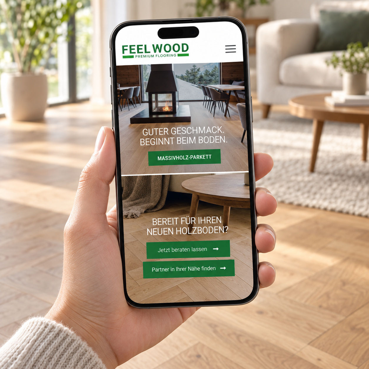 Feel Wood – Mobile-Mock-up der Website
