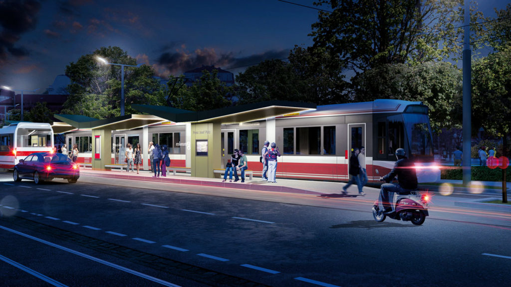 Stern Verkehr – Straßenbahn an einer Haltestelle