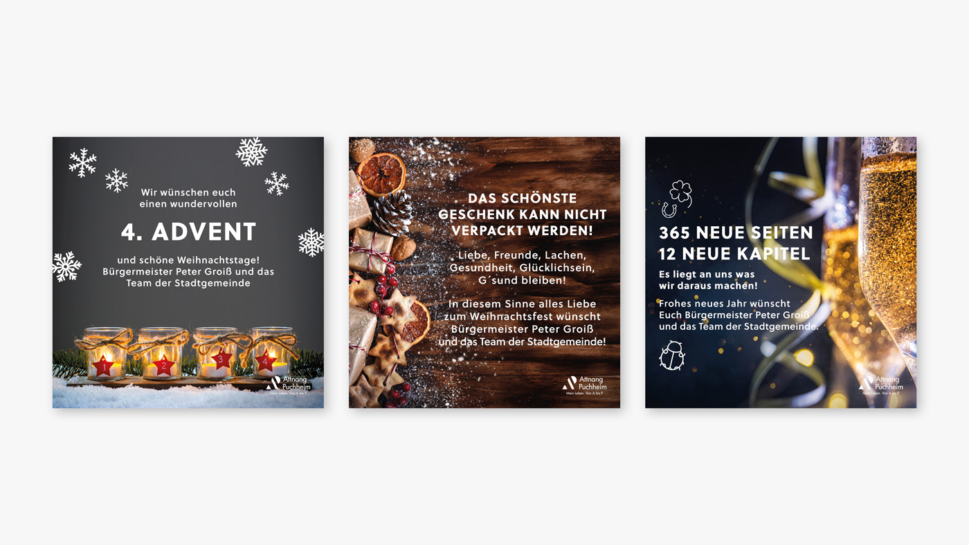 Drei Facebook-Postings mit vier Adventkerzen, Weihnachtsschmuck und Sekt für Attnang-Puchheim
