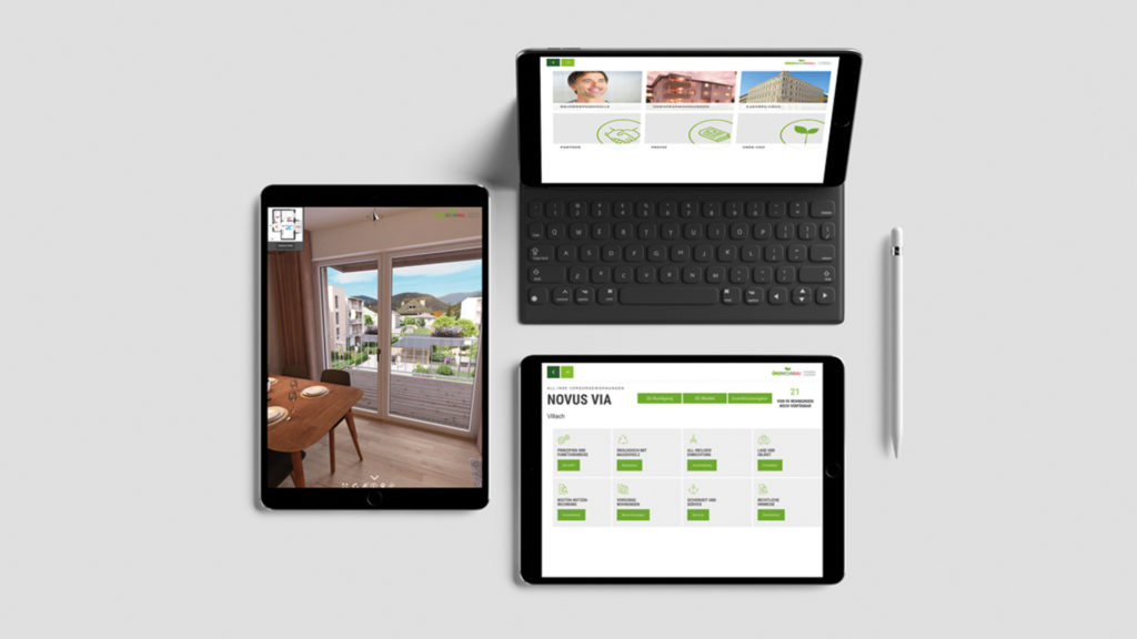 Drei Endgeräte zeigen die Sales-App der ÖKO-Wohnbau